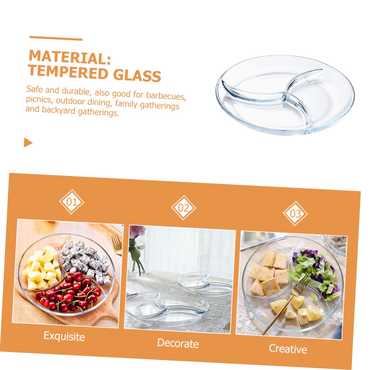 Assiette Pratique pour Réchauffer les Aliments Divisée à 3 Compartiments et Verre Trempé Contrôle des Portions Pique-niques Barbecues