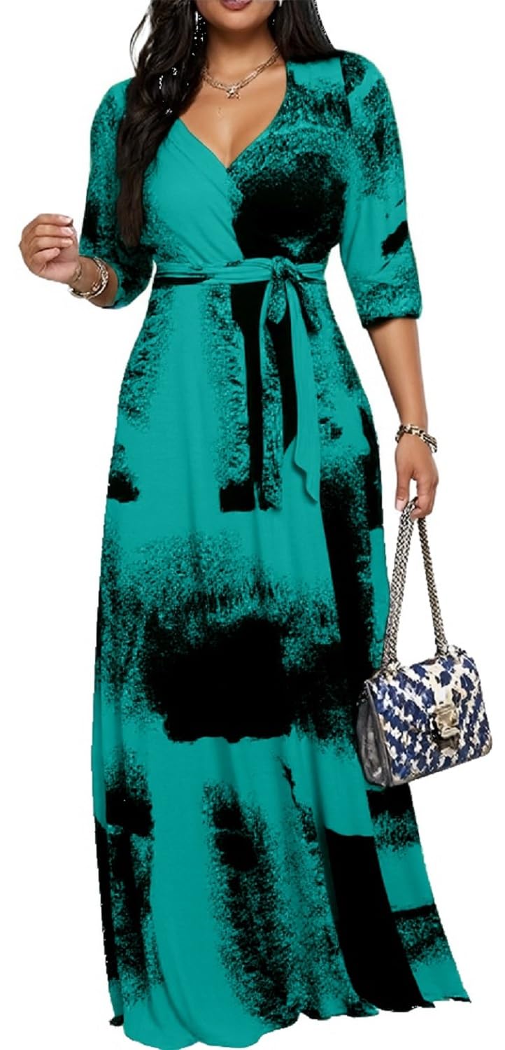 Women's Church Maxi Wrap V Neck 3/4 Sleeve Tie Waist Plus Size Long Dress