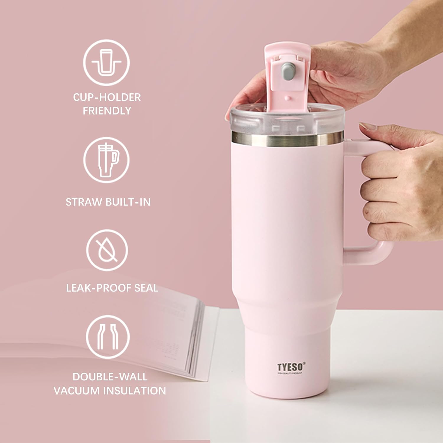 TYESO Vacuum Insulated Tumbler Water Bottle Cold Insulation Stainless Steel Bottle Straw Handle Mug Double Wall Wide Mouth (LIGHT PINK, 30 oz) - Image 2