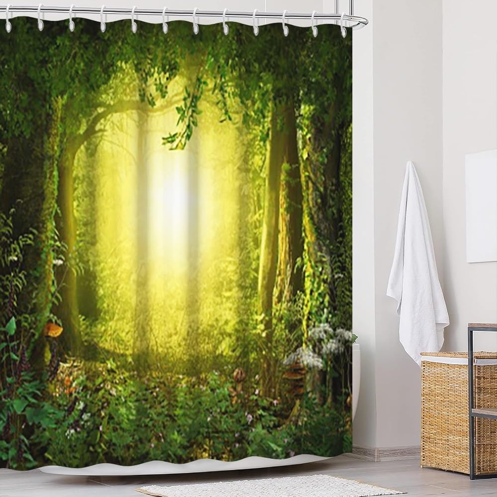 Leyiyi Fairy Tale Forest Shower Curtain Fantastic Woodland Jungle Bathroom Curtains Natural Scenery Landscape Sunrise Bokeh Shower Curtain Machine Washable Waterproof Fabric with Hooks 72x72 Inch