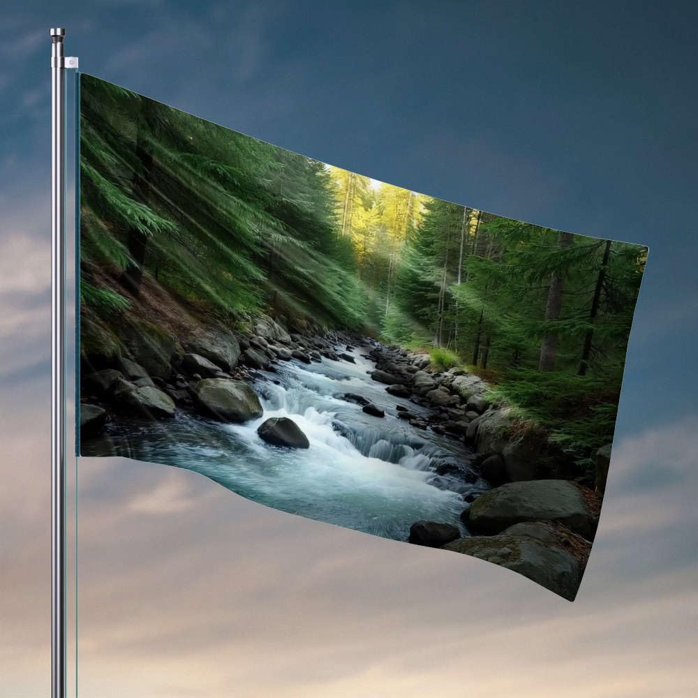 Flag For Room Girls A Serene Forest Stream Flows Gently Among Lush Green Trees. Flag Man Cave Decorations Flags For College Dorm(30X45CM)