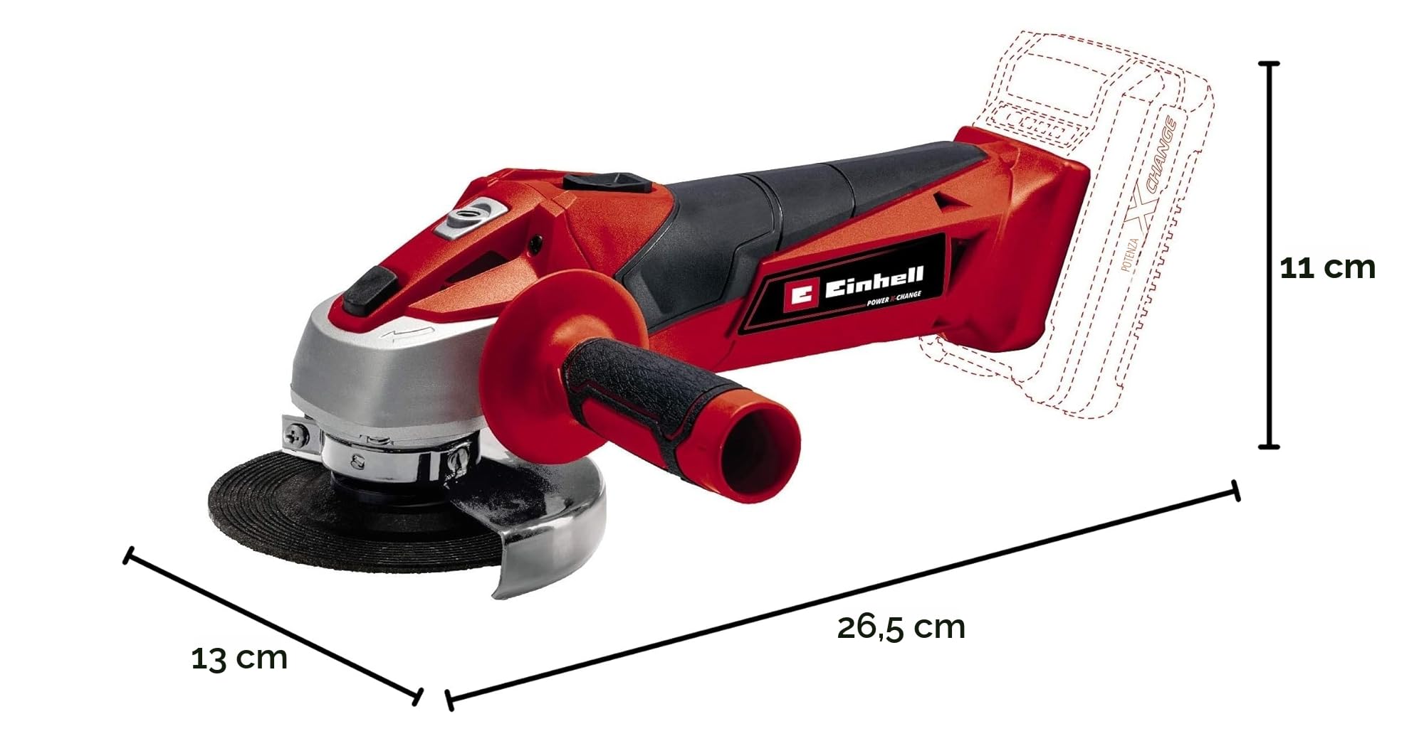 Einhell Smerigliatrice angolare a batteria TC-AG 18/115 Li-Solo Power X-Change (18 V, 115 mm diametro disco, 28 mm profondità taglio, soft start, senza disco, senza batteria)