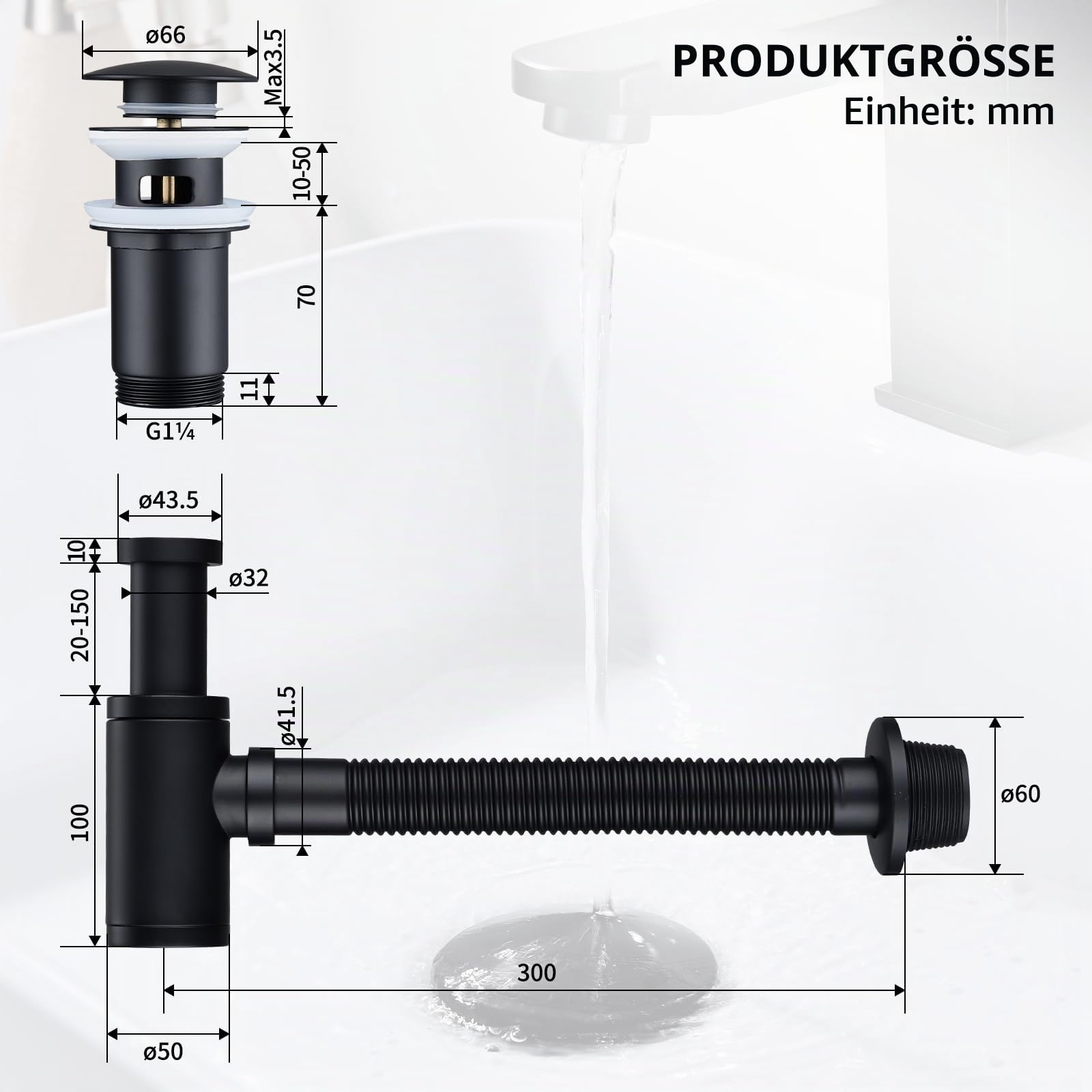 HOMELODY Design Siphon mit Pop Up Ventil Ablaufgarnitur für Waschbecken Schwarz Matt, Universal Messing Siphon, Waschbecken Stöpsel，Geruchsverschluss mit Reinigungsöffnung