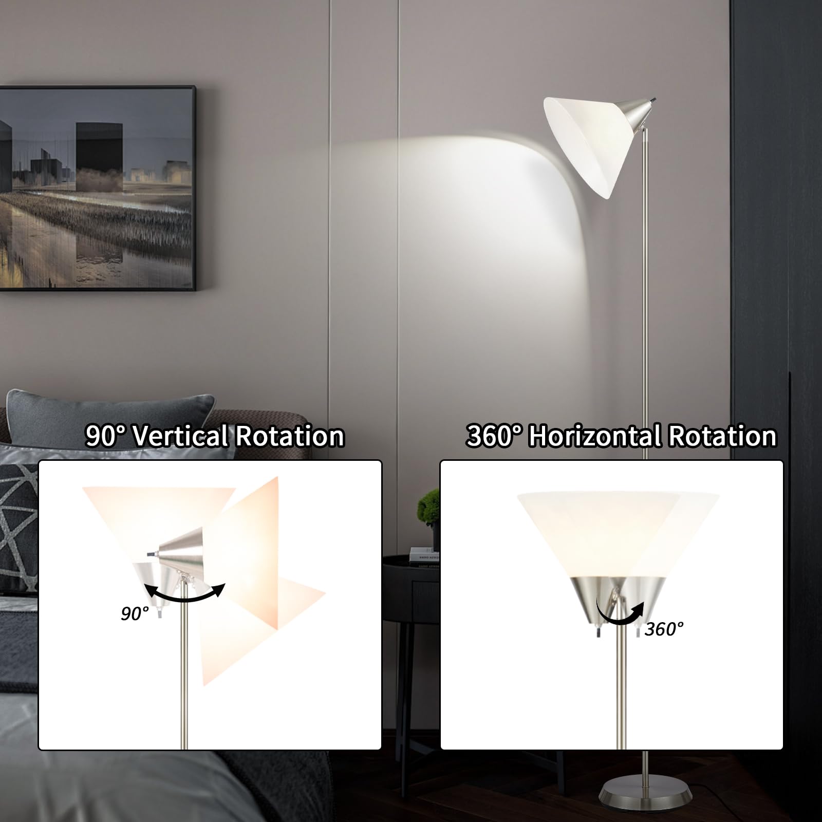 HonoDing Lampa podłogowa z glinianym kloszem i regulowaną głowicą do salonu/biura/sypialni (nikiel satynowany)