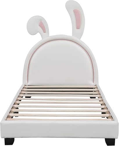 Miniatura 4 de GYYBED Marco de cama individual para niños, plataforma tapizada de cuero con adorno de conejo, marcos de cama individual, cama para niños, no