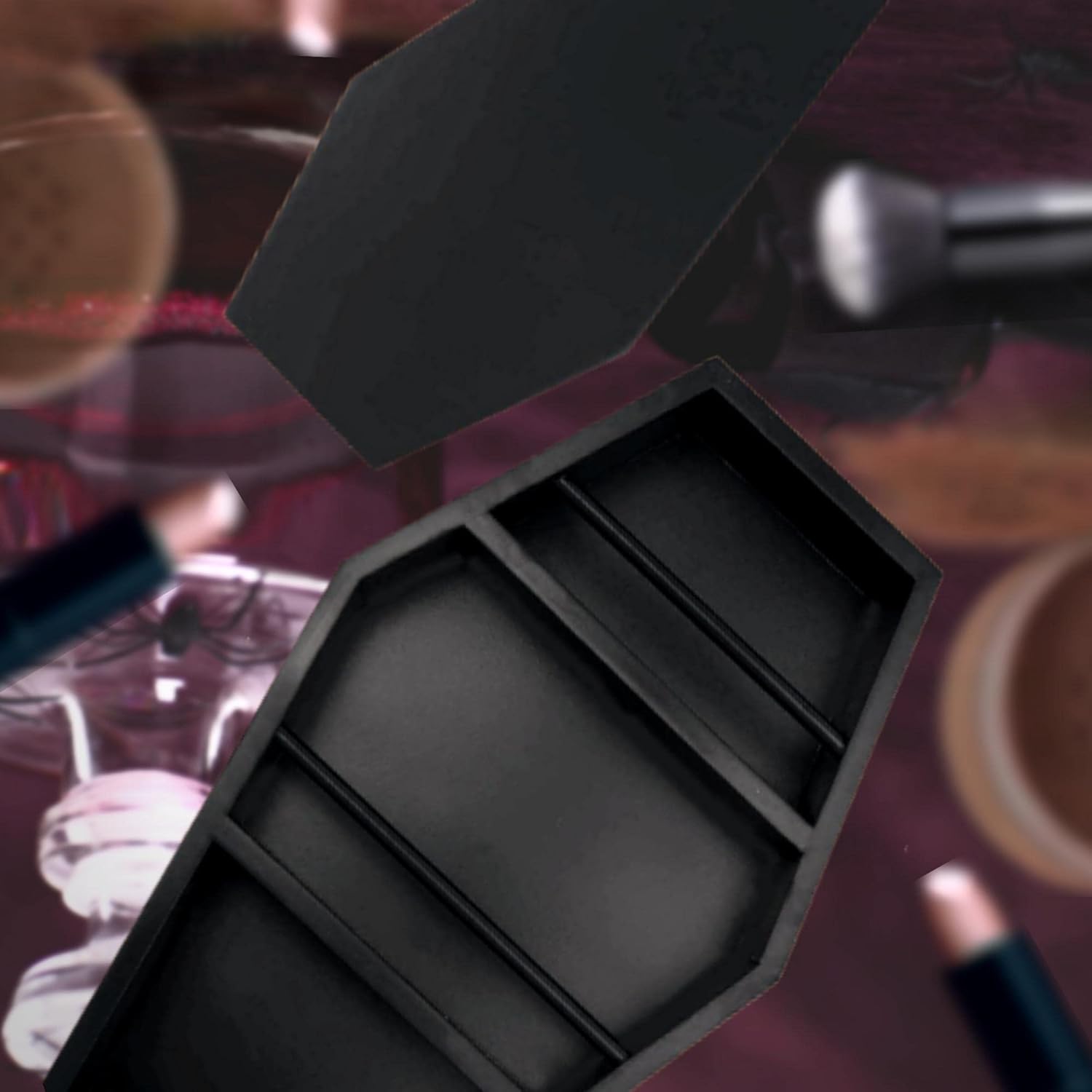 EpicGifts Goth Makeup Shelf - 3 Shelf Standing or Floating Wall Coffin, Makeup Brush Holder (Black)