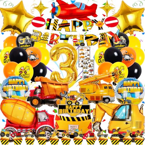 Decoration Anniversaire Chantier 3 Ans Garçon - 48 Pièces Kit Thème Véhicules de Construction - XXL Ballons Excavatrice, Bannièr, Décorations Gâteau, Tatouage Autocollants - Pour Fête Enfant 3 Ans