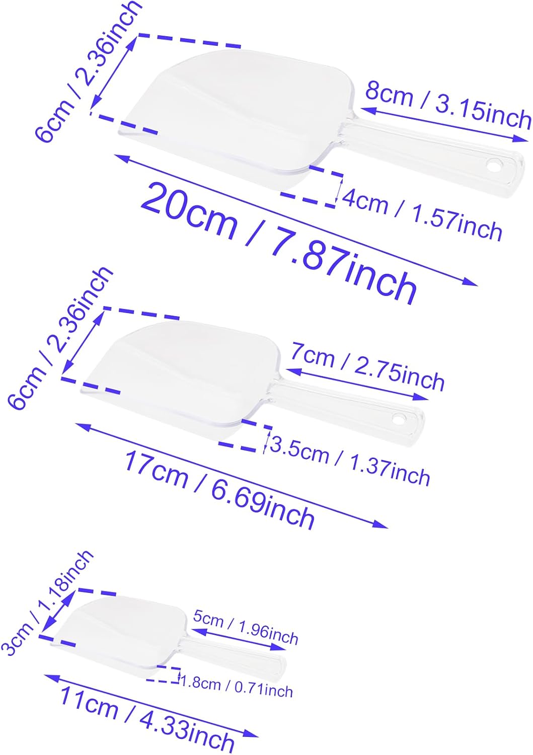 6PCS Kitchen Food Scoop Acrylic Ice Scoop Clear Candy Scoops with 3 Different Sizes for Coffee and Flour