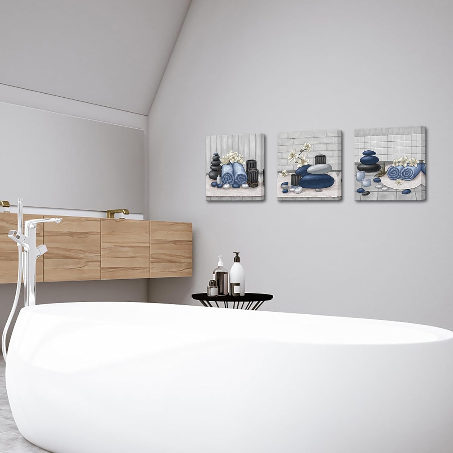 RnnJoile Spa Canvas Wall Art Zen Stone Orchid Picture Painting Navy Blue Still Life Prints for Bathroom Zen Meditation Room Decor Framed 12"x12" for Each - Image 2