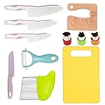 11 Pieces Wooden Kids Kitchen Knife, Pink Kids Knife Set Include Wood Kids Knife, Serrated Edges Plastic Toddler Knife, Crinkle Cutter, Sandwich Cutter, Y Peeler, Cutting Board