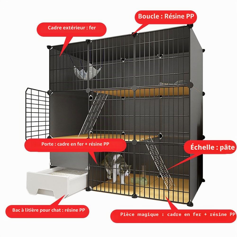 DIY Petit Animal Cage pour Animaux, Enclos Chat Balcon Metal, Clôture Pliable pour Lapins, Cochons d'Inde, Chiots, Chat, Furet - Extérieur/Interieur, Blanc, 75x49x111cm