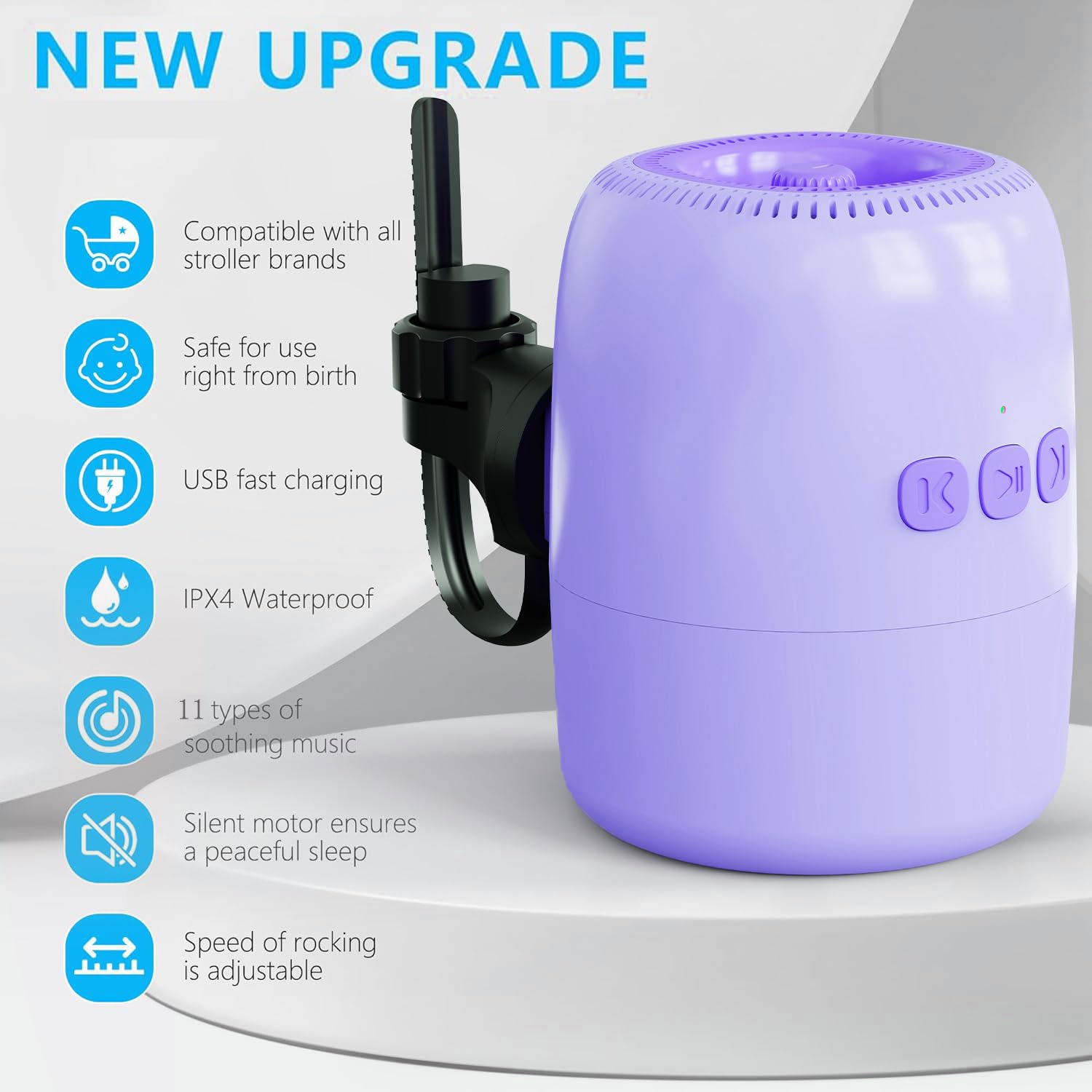 Baby Rocker Recargable, Mecedora Carro Bebe con 5 Niveles de Balanceo y Ruido Blanco - Ajustable, Ultra Silencioso, USB-C, 2 Soportes Universales para Todos los Cochecitos (Rosa) (Morado)