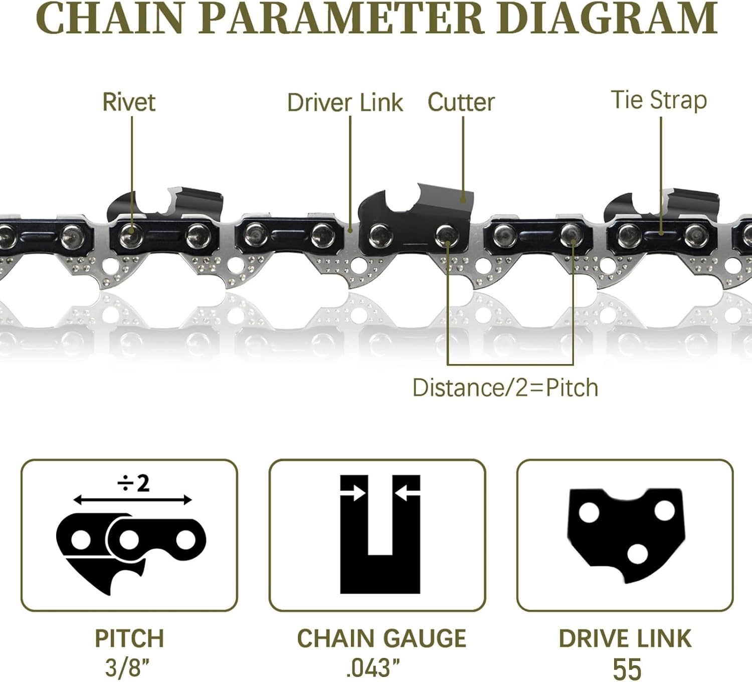5Pack Stihl Chainsaw Chain 16 Inch Fits Stihl 61PMM355, MS 017, MS 170, MS 171, MS 180 C, Oregon 90PX055G, 3/8” LP Pitch .043” Gauge 55 Drive Links - Image 2