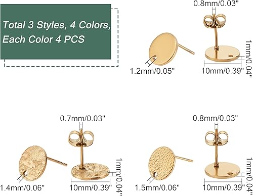 Miniatura 2 de UNICRAFTALE 48 aretes redondos planos de 4 colores de acero inoxidable con tuerca de oreja hipoalergénicos con agujero para hacer joyas de bricolaje