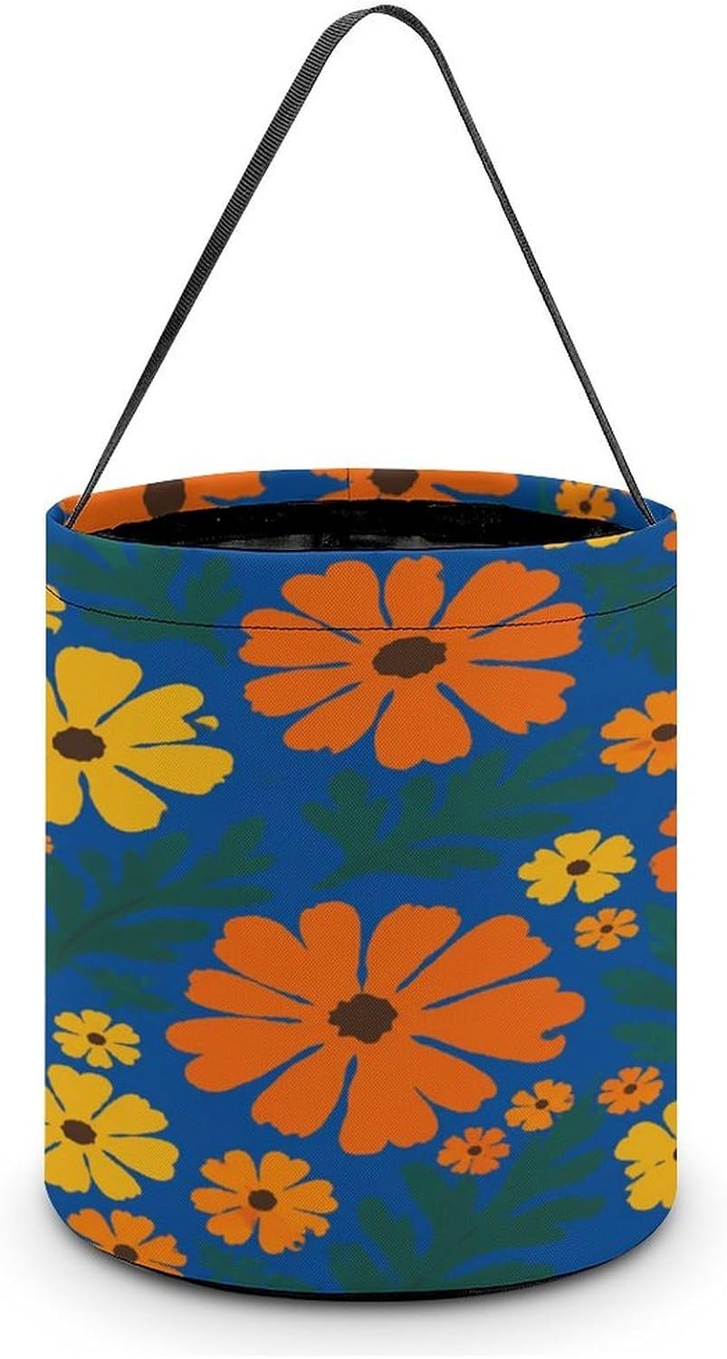 Orange Chrysanthemum Halloween Trick Or Treat Bucket Candy Tote Hand‑held Pouch for Cosplay Theme Party Gift Storage