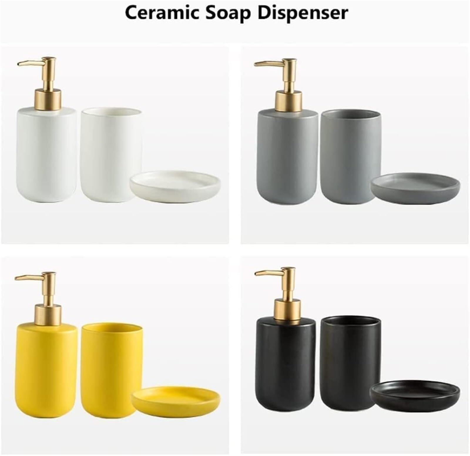 Set di accessori per il bagno Dispenser di sapone in ceramica con bicchiere, decorazione moderna in tinta unita, costiera Arredamento per gli affittuari(Yellow,4 pieces)