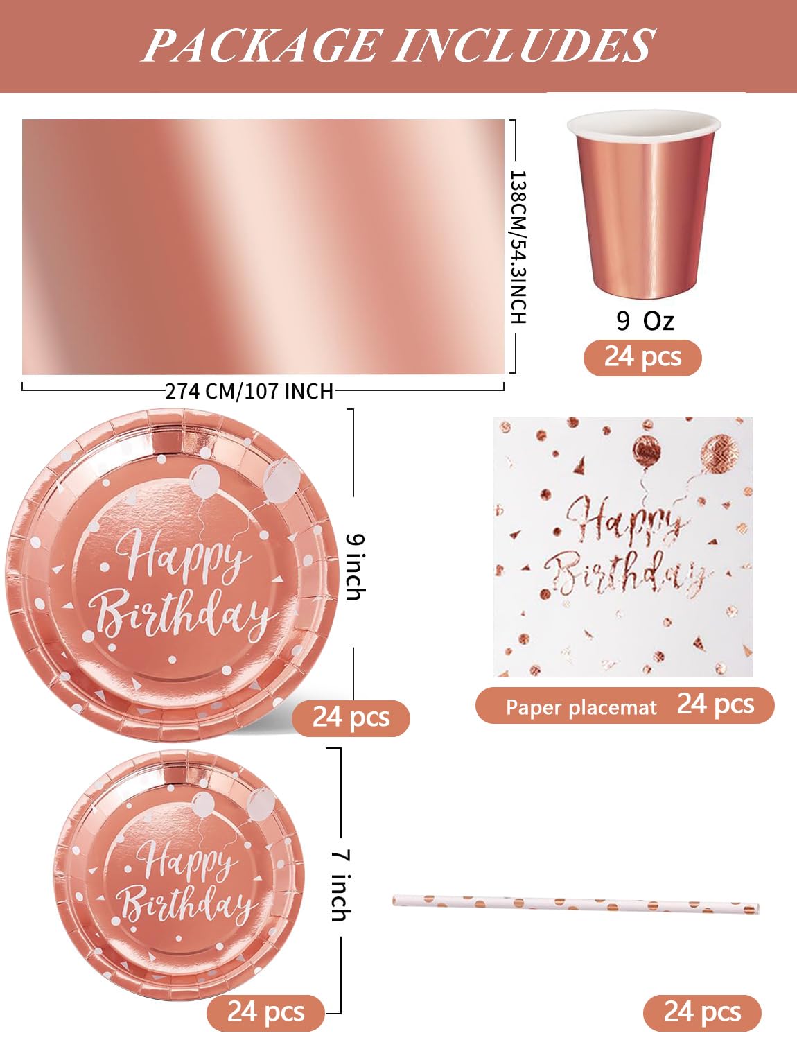 Nkaiso Feestservies, 121-delig, rozegoudkleurig, thema 'Happy Birthday Nkaiso Feestservies, 121-delig, rozegoudkleurig, thema 'Happy Birthday