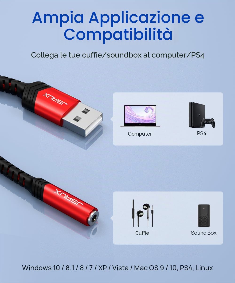 JSAUX Adattatore Audio da USB a Jack 3,5 mm, Scheda Audio Esterna Adattatore USB A a Jack TRRS a 4 poli, Adattatore per Cuffie e Microfono Compatibile con Mac, Linux, PS4, PS5, PC, laptop-rosso