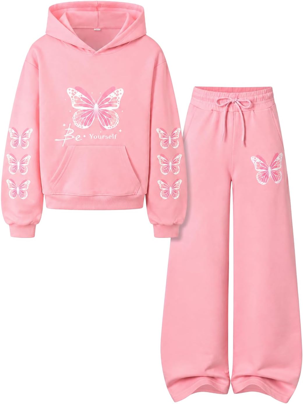 KIDLAGA Girls Clothes 2 Piece Cute Butterfly Print Hoodie & Wide Leg Pants Fall Winter Outfits for Teen Girls Size 7-14Y