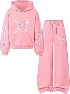KIDLAGA Girls Clothes 2 Piece Cute Butterfly Print Hoodie & Wide Leg Pants Fall Winter Outfits for Teen Girls Size 7-14Y