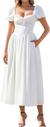 EYNMIN Floral Corset Midi Flowy Lace Up Bridal Shower Dresses with Pockets