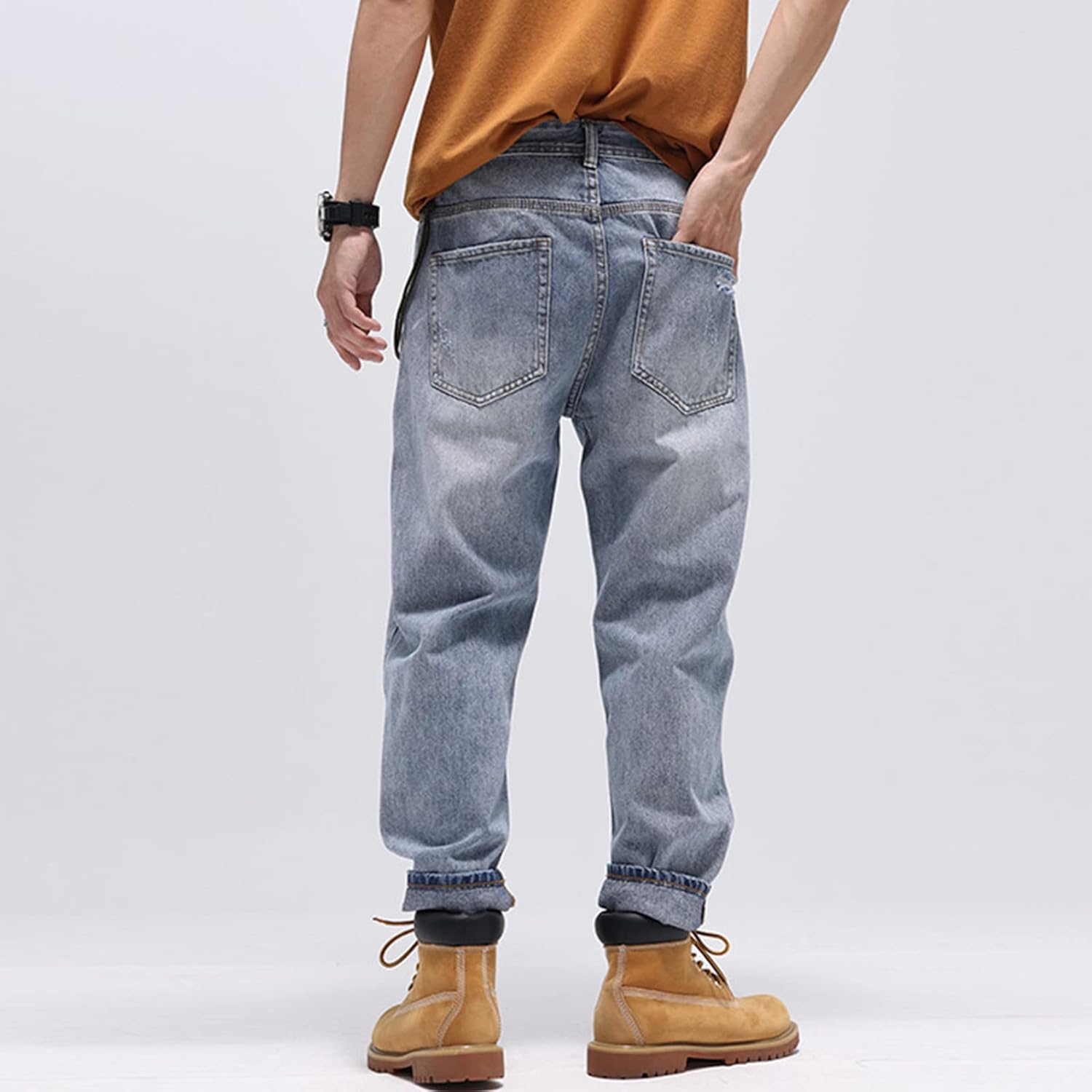JEsilunmaMY Mens Ripped Straight Leg Jeans Retro Mid Waist Distressed Washed Denim Pants Loose Hip Hop Wide Leg Jean Trousers