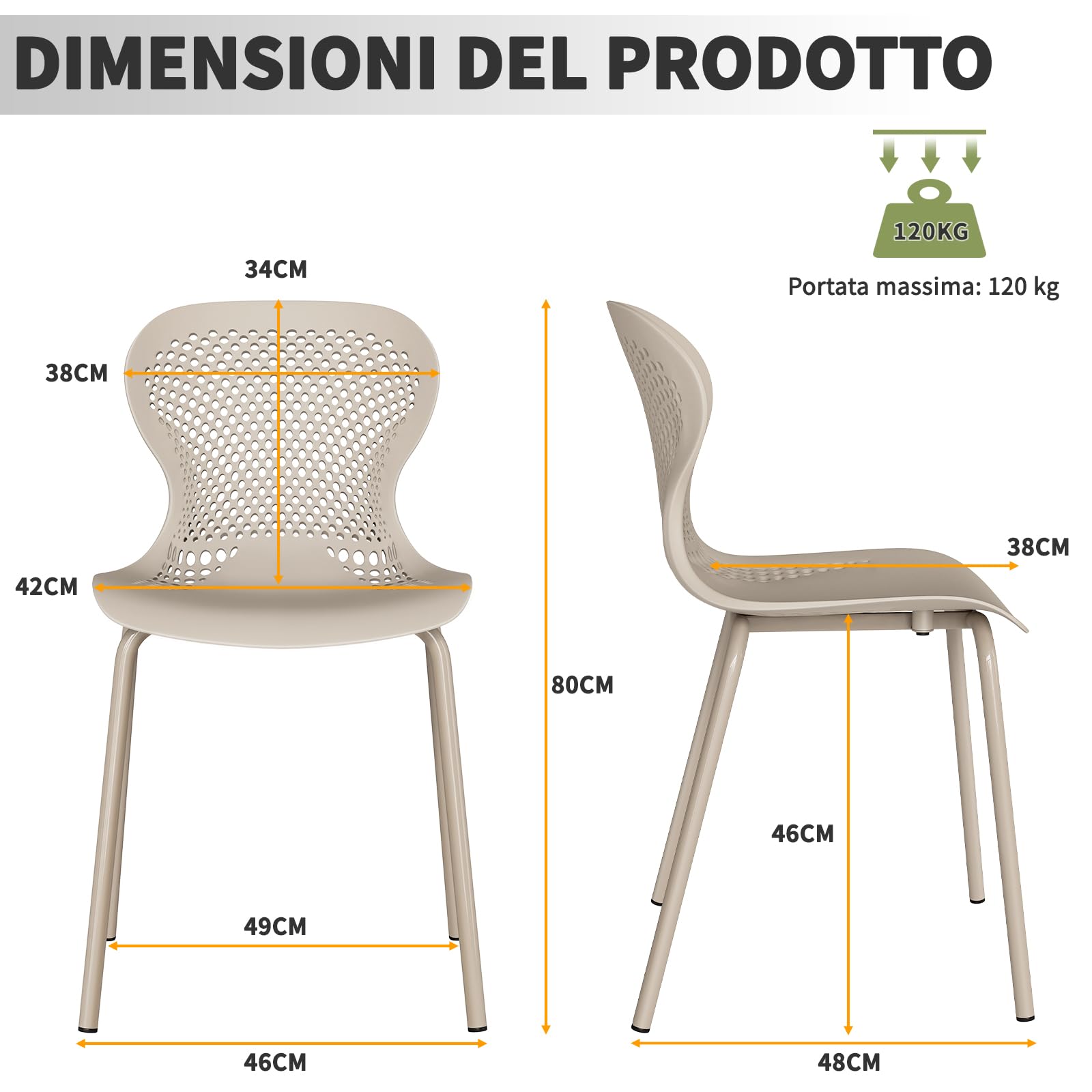 JIJIAN Set di 6 Sedie Sala da Pranzo Impilabili, Sedia da Cucina con Gambe in Metallo, Sedie da Giardino in Plastica, per Sala da Pranzo, Soggiorno, Giardino, Balcone e Terrazza, Cachi