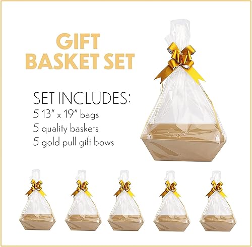 Miniatura 3 de Paquete de 5 Canastas para regalos vacías  Kit de cesta de regalo Kraft de 8 x 10 pulgadas con cesta vacía, bolsas de cesta, lazos dorados, juego de