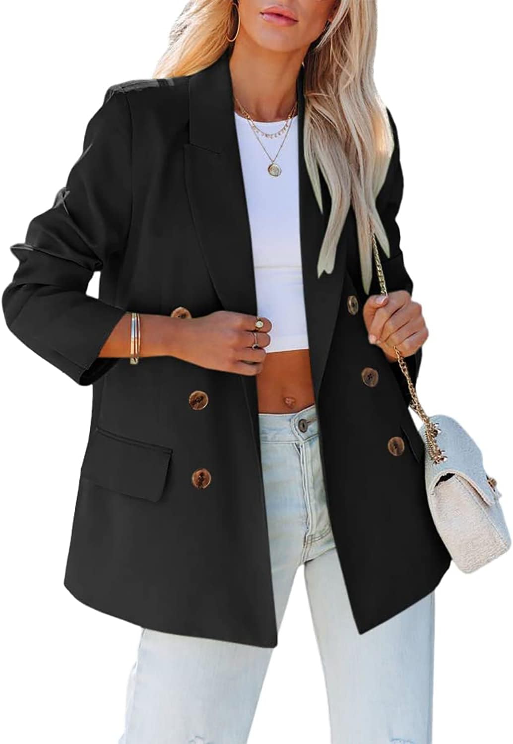 Womens Casual Blazers Double Breasted Lapel Collar Long Sleeve Work Office Jacket