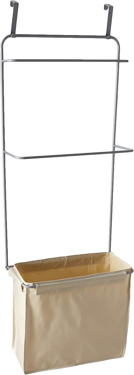 HOMZ Over-The-Door Towel and Garment Organizer with Laundry Bag, Silver 21" x 9.5" x 56"