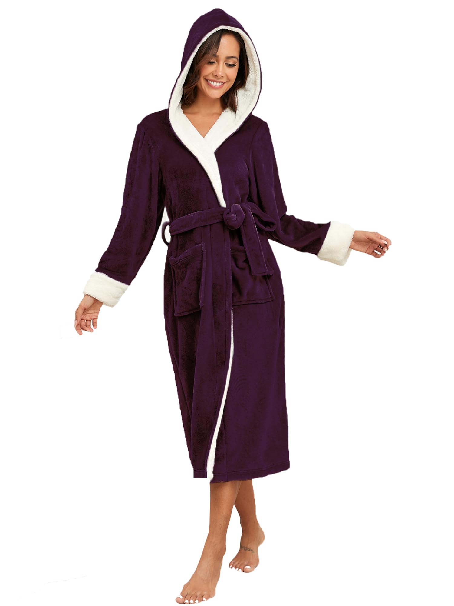RONGTAI Damen-Bademantel aus Plüsch-Fleece, mit Kapuze, dickes Nachthemd, lang, Nachtwäsche mit zwei Seitentaschen und Gürtel