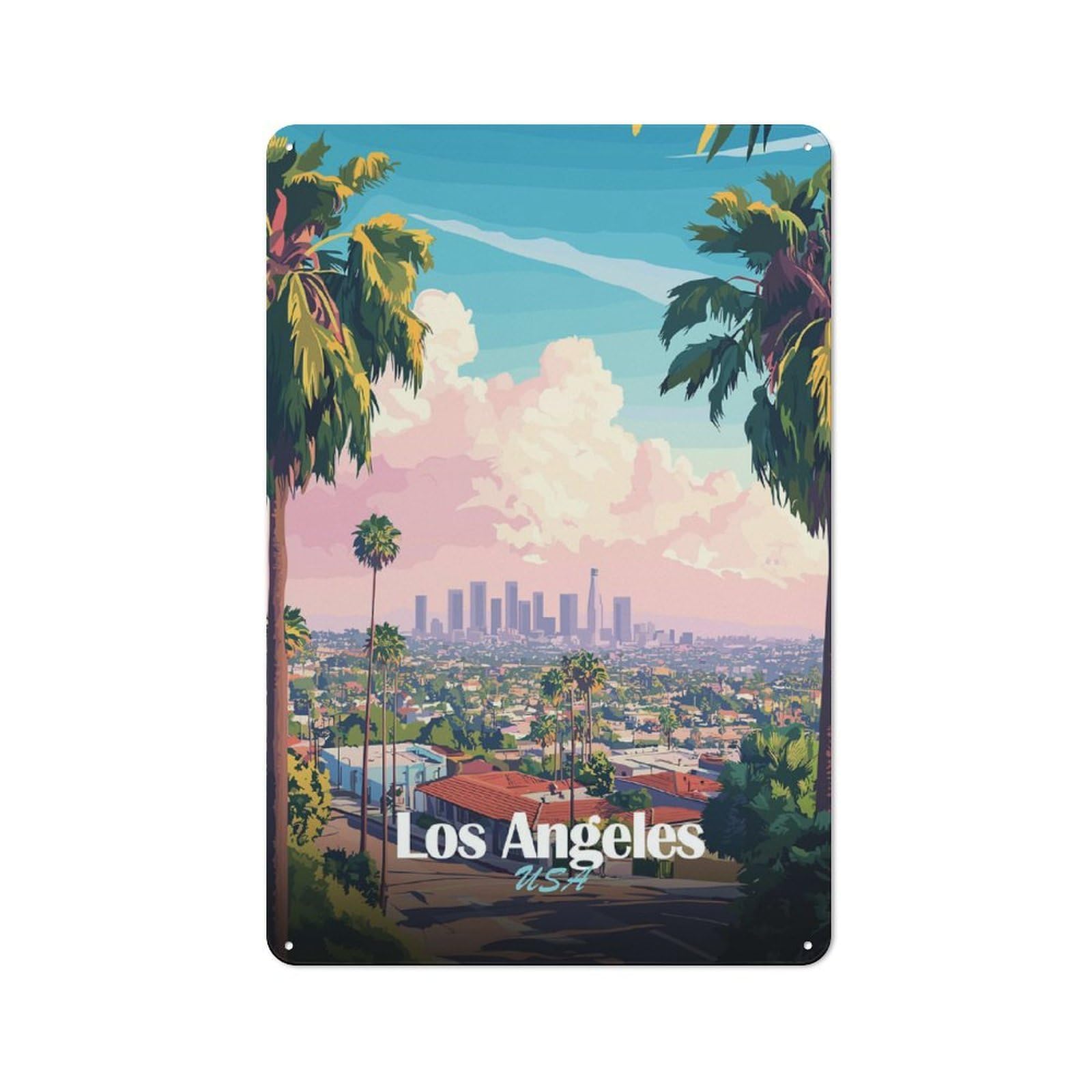 Junmoney Style-13 Tin Sign With Los Angeles Skyline Art Design 30X20cm, Understated Studio Wall Plaque For Hobby Room, Office, Lounge Or Living Room
