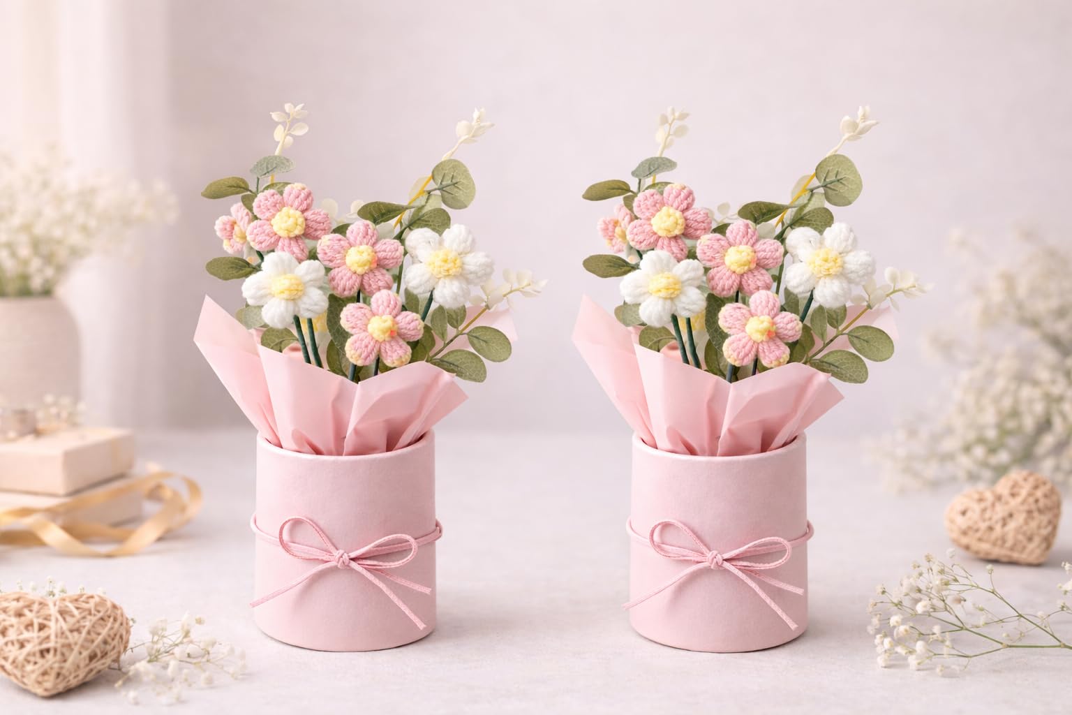 QLECT Home Decor Artificial Crochet Flower Bouquet/Artificial Flowers Bunch/Crochet Flowers Bouquet/Crochet Flowers/Flowers Bouquet Gift for Girls,Gifting,etc. (Pink Daisy Bouquet)(Pack of 2