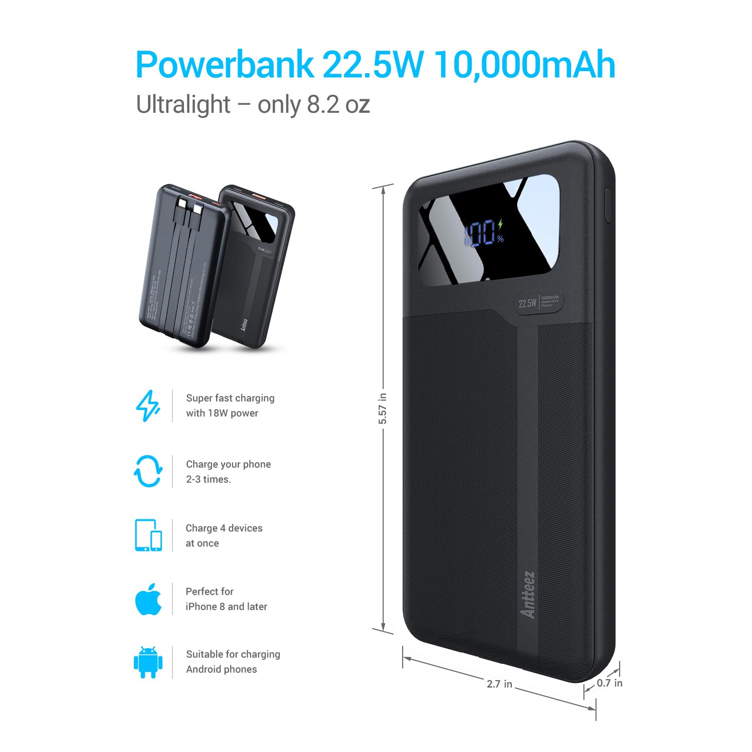 Antteez Cargador portátil de 10,000 mAh, batería externa de carga rápida con cables integrados, batería de viaje USB C de 22,5 W, pantalla LED y 4 salidas, compatible con iPhone, Samsung, iPad