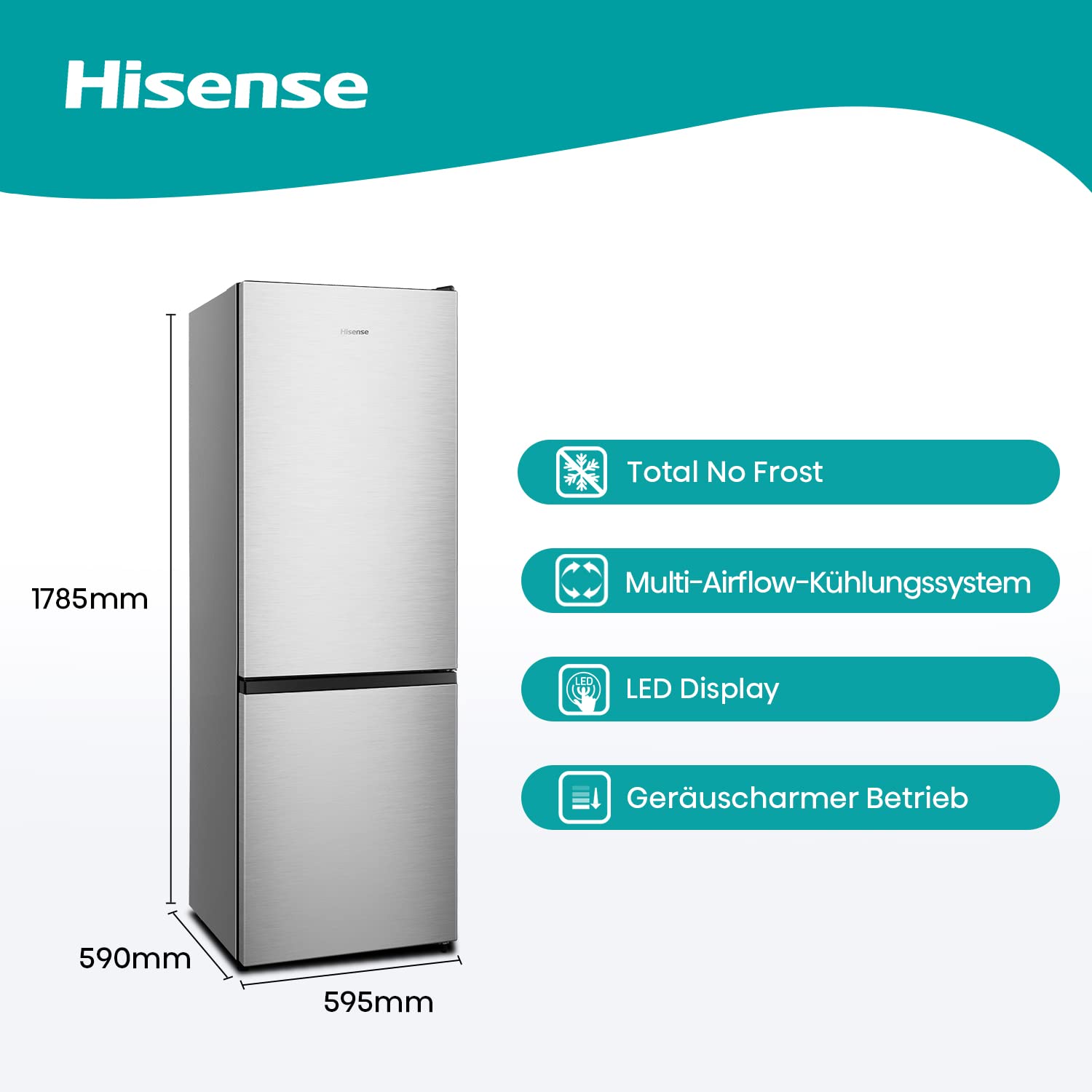 Hisense RB372N4AC2 Kühl-Gefrierkombination/ NoFrostPlus/ Multiflow 360°/ HolidayMode/ LED-Display/ 178,5 cm/ Kühlteil 207 l/ Gefrierteil 85 l/ 39 dB/ 235 kWh/ Jahr/ Inox-Look