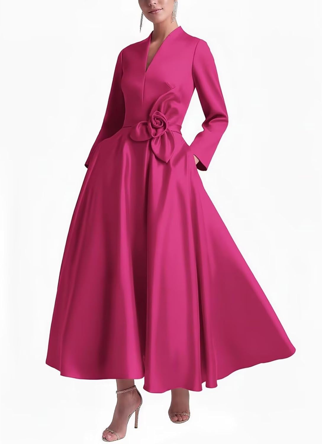 Modest Puffy Satin Prom Dress with Pockets 2026 Elegant Long Sleeve Satin Flower A Line Formal Evening Gown for Women