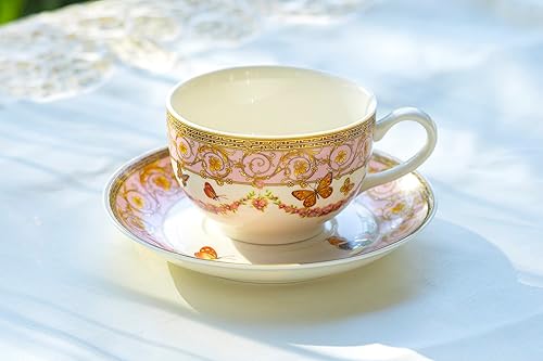 Miniatura 3 de Grace Teaware - Mariposas con adorno rosa taza de té de porcelana fina y platillo con ribete dorado