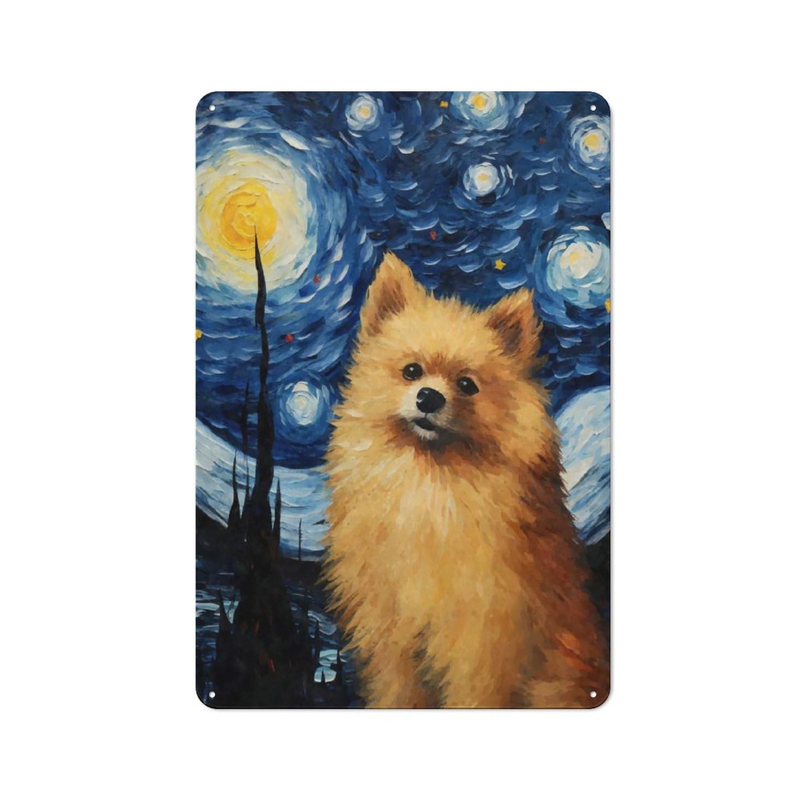 Junmoney Style-20 Pomeranian Starry Night Rustic Metal Sign 30X20cm For Pub Or Café, For Collectors Of Rustic Metal Wall Decor