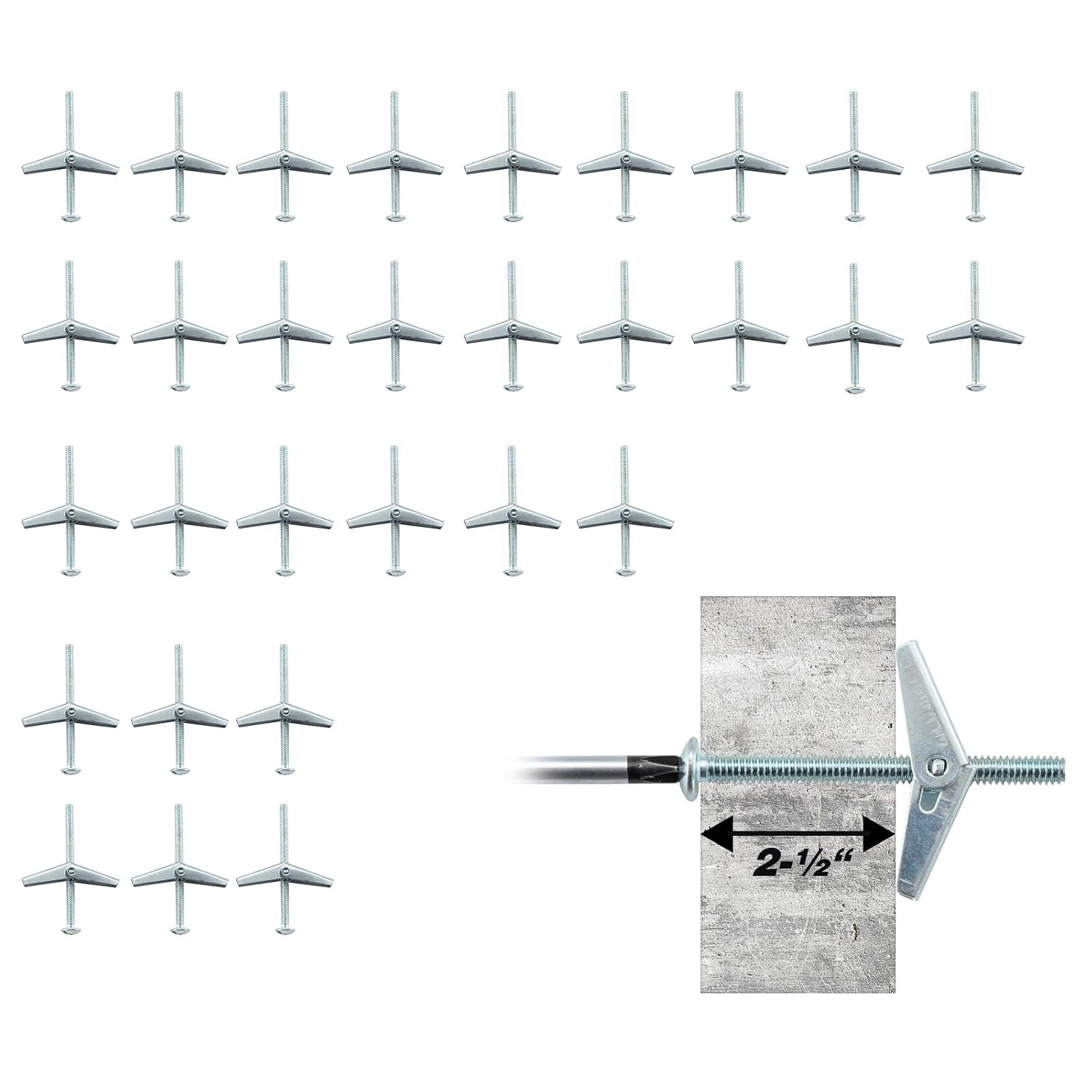 1/8 x 2 Inch Toggle Bolts for Drywall, Butterfly Anchors, 30 Pack