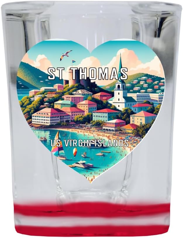R and R ImportsSt Thomas US Virgin Islands Travel Souvenir Destination Heart Shape 2 Ounce Shot Glass Square Red Base 4-Pack