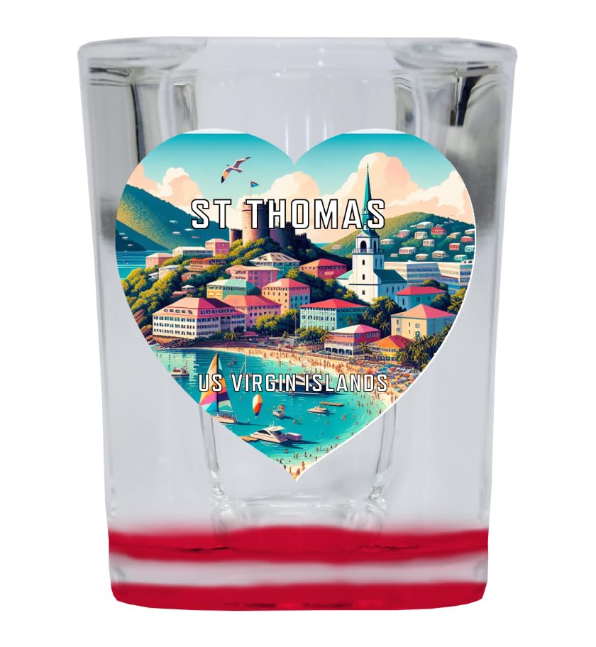 R and R ImportsSt Thomas US Virgin Islands Travel Souvenir Destination Heart Shape 2 Ounce Shot Glass Square Red Base 4-Pack