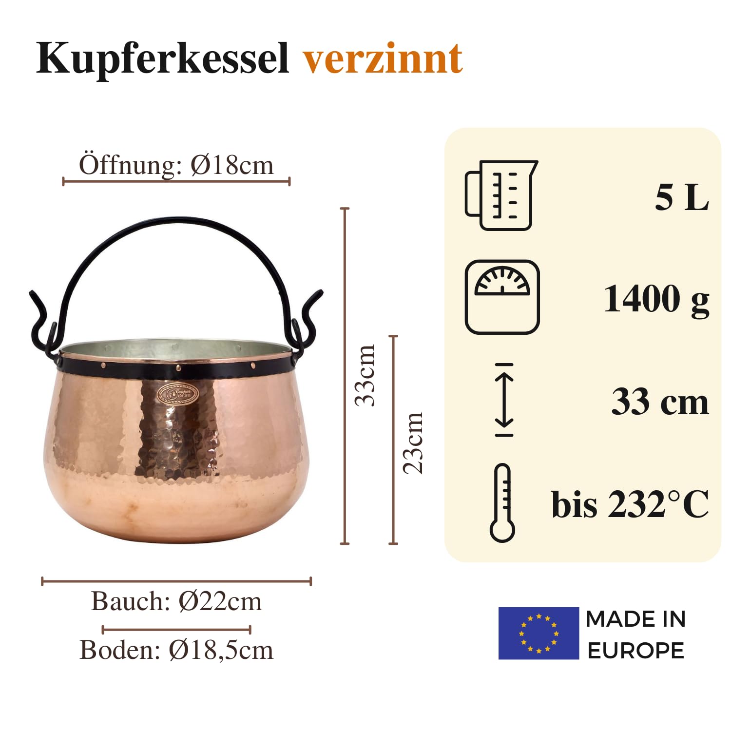 CopperGarden Kupferkessel 5 L mit Henkel I Robuster Kessel aus verzinntem Kupfer: Ideale Wärmeleitung & -verteilung I Lebensmittelechter Feuerkessel für Gulasch/Feuerzangenbowle uvm.
