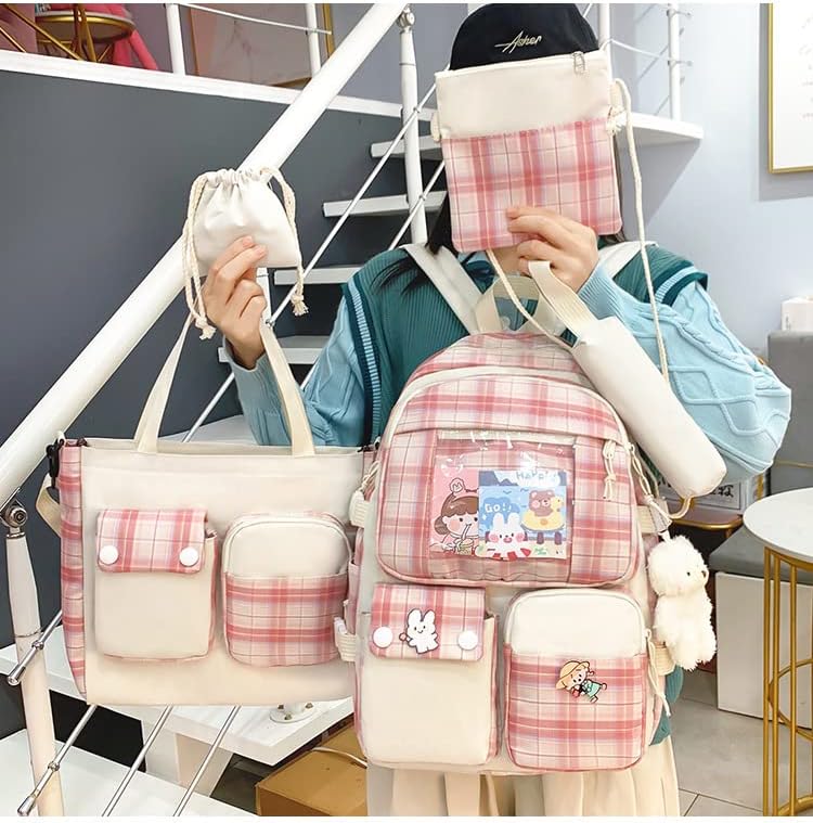 Miniatura 2 de Juego de 5 mochilas kawaii con pines Kawaii y accesorios, mochila estética para mujer, bonita mochila para laptop, Rosado, Tamaño único, Mochila,