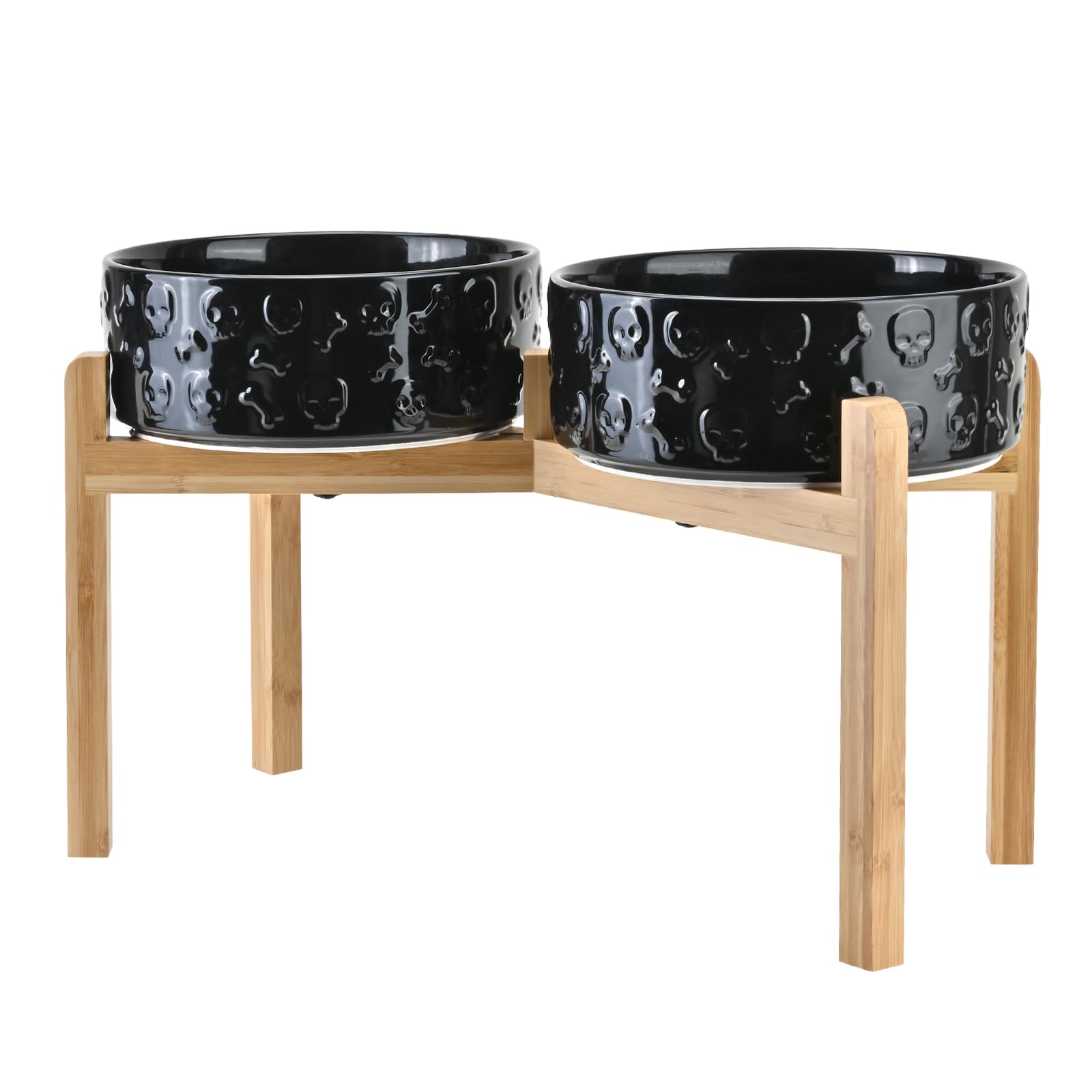 SPUNKYJUNKY Elevated Dog Bowls Ceramic, 8.3'' Dogs Food Water Bowls Raised with Non-Slip Bamboo Stand for Large Sized Breed Microwave Dishwasher Safe - 60 OZ,Skull Black