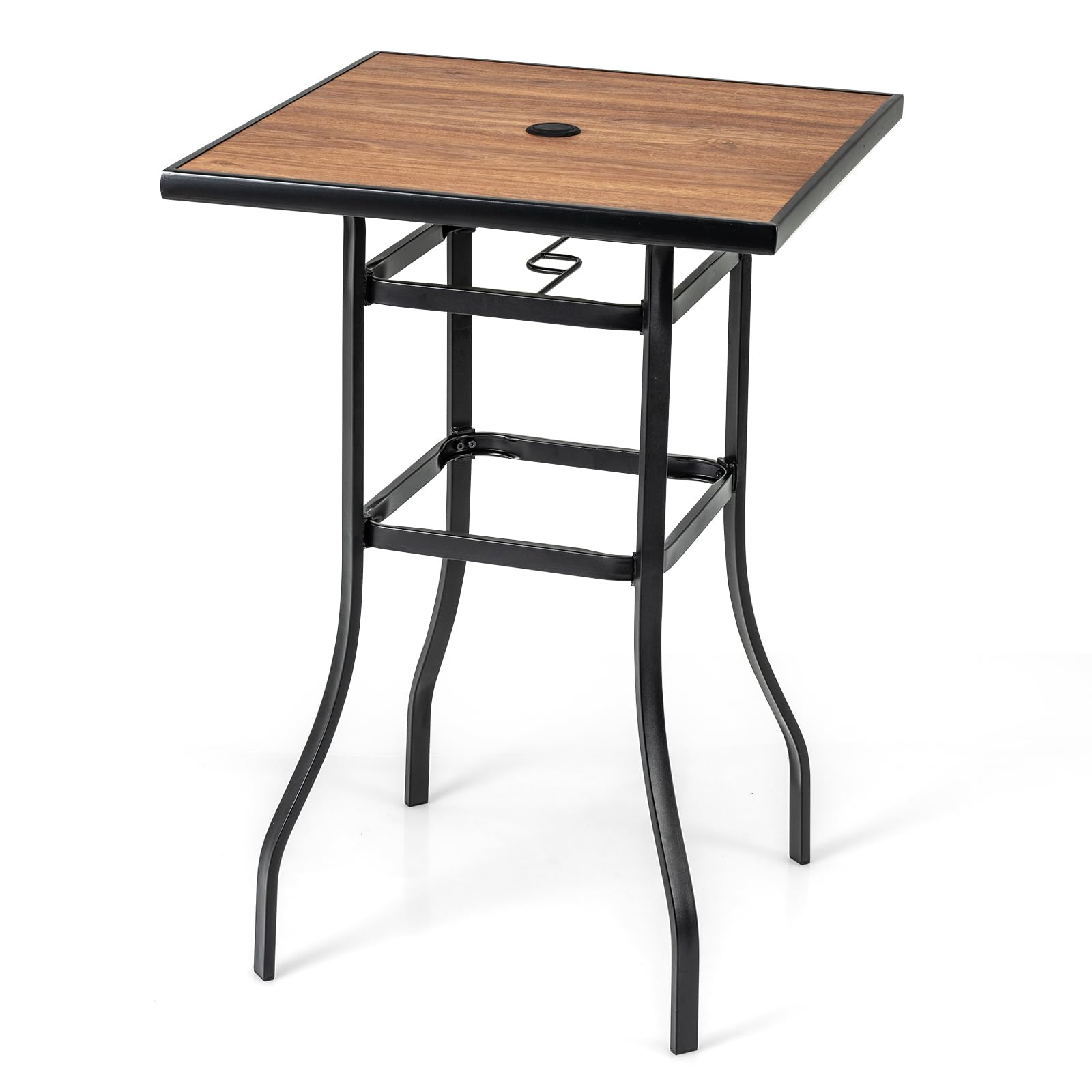 COSTWAY Garden Dining Table, 70cm Square Outdoor Bar Table with Parasol Hole & Wood Grain Surface, Metal Frame High Top Bistro Table for Patio Backyard Poolside, Holds up to 50kg