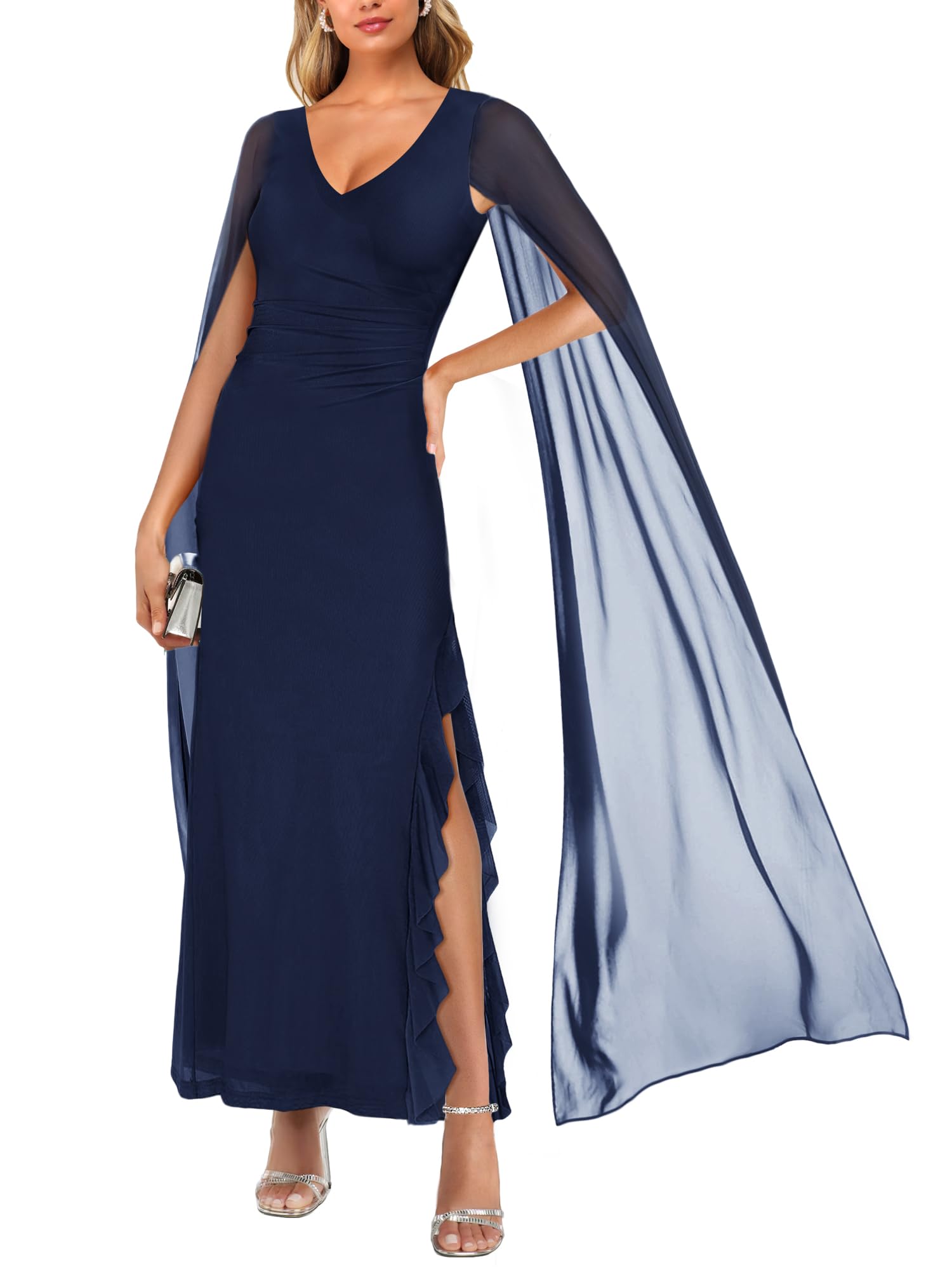 MAYFASEY Vestido formal con cuello en V para mujer, de malla, fruncido, para cóctel, fiesta de noche, graduación, vestido largo con capa