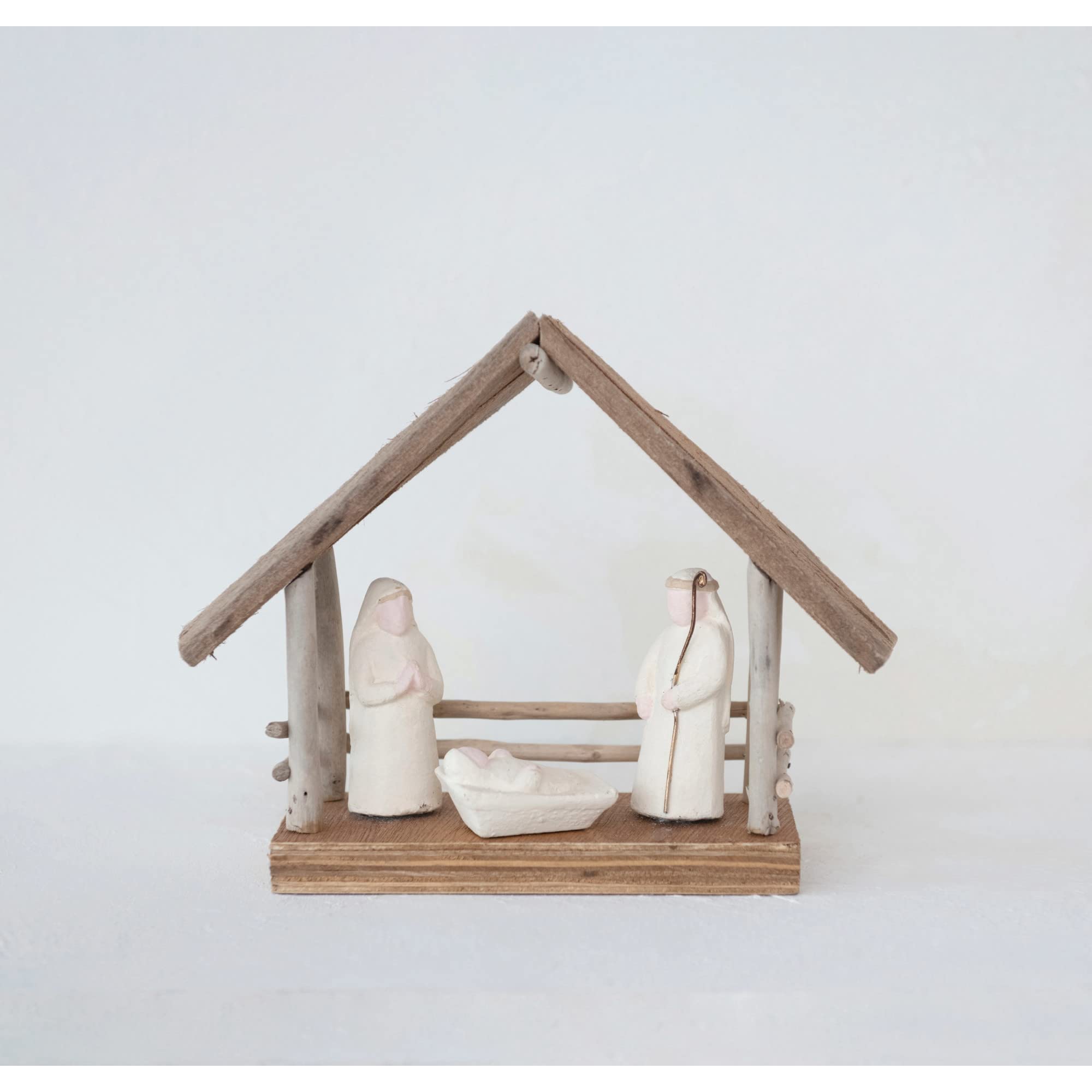 Creative Co-Op Recycled Handmade Driftwood and Paper Mache Nativity with Wood Base, Multicolor
