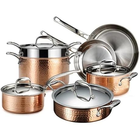 Martellata Tri-ply Copper Cookware 11 PC Pots and Pans Cookware Set, Lagoon Blue