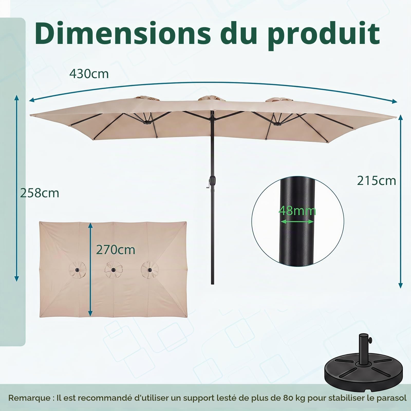 GOPLUS Parasol de Jardin Exterieur 4,3X2,7M, Grand Parasol Rectangulaire Double pour 6-8 Personnes avec Manivelle, 12 Baleines, Protection Solaire, pour Terrasse Marché Fête Plage (Marron)