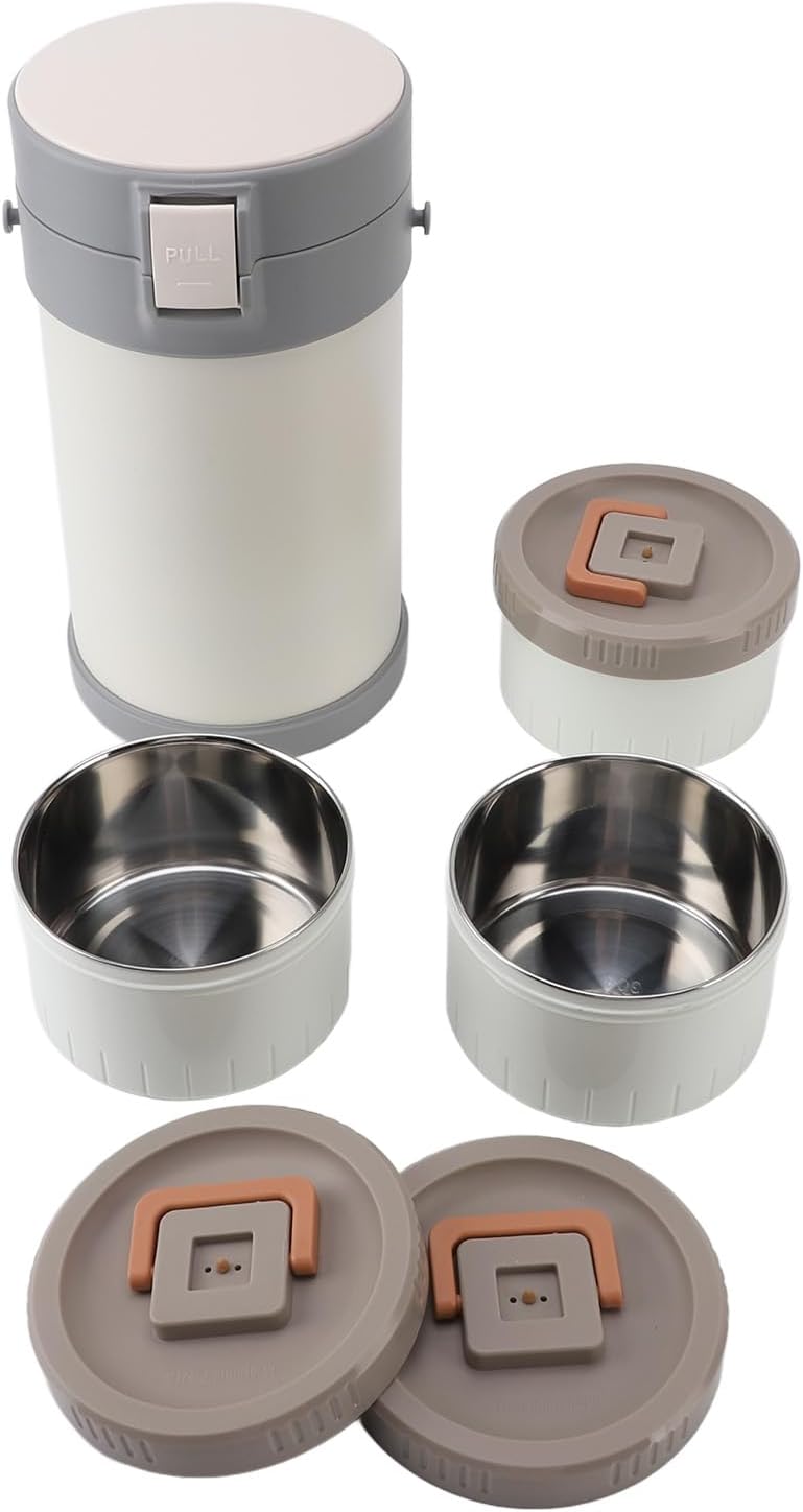 PUSOKEI Insulated Food Can 304 Stainless Steel Vacuum Lunch Box 3 Tier 2.3L For Office Picnic (White)